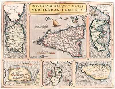 Kuvaus useista Välimeren saarista. Maantieteellinen kartta Välimeren Sisilian, Sardinian, Korfun, Maltan, Djerban ja Elban saarista (Sisilia, Sardegna, Colfu, Malta Djerba, Elba) Abraham Orteliuksen (Oertel, Ortell) "Theatrum Orbis Terrarumista" tekijältä Abraham Ortelius