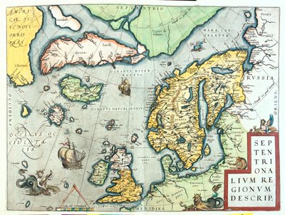 Irlanti, Iso-Britannia, Islanti, Norja, Ruotsi, Suomi, Grönlanti, Norja, Ruotsi, Suomi, Grönlanti. tekijältä Abraham Ortelius