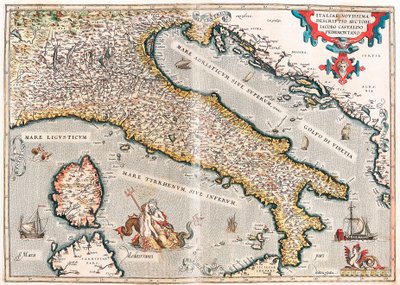 Kirjoittajan viimeisin kuvaus Italiasta Jacob Castaldo Piedmontano Maantieteellinen kartta Italian alueesta otettu Abraham Orteliuksen "Theatrum Orbis Terrarumista" (Oertel, Ortell tai Ortel tekijältä Abraham Ortelius
