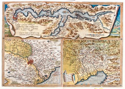 Comojärvi (Italia; alue: Lombardia), Rooma (Italia; alue: Lazio), Triestenlahti (Italia: Friuli-Venezia Giulian alue; Slovenia: perinteinen Slovenian Littoralin alue; Kroatia: Istrian maakunta). tekijältä Abraham Ortelius