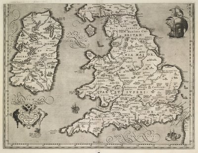 Englannin, Walesin ja Irlannin kartta, Theatrvm Orbis Terrarvm kirjoittanut Abraham Ortelius tekijältä Abraham Ortelius