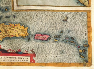 Abraham Orteliuksen kartta Hispaniolan saaresta, Santo Domingosta, Puerto Ricosta ja osasta Antilleista tekijältä Abraham Ortelius