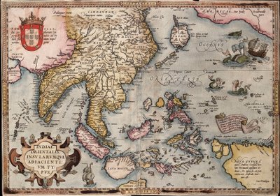 Orteliuksen Itä-Intian kartta, noin 1570 (värillinen kaiverrus). tekijältä Abraham Ortelius