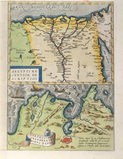Kartta Niilin suistosta ja muinaisesta Karthagosta, Abraham Orteliuksen Theater Orbis Terrarumilta tekijältä Abraham Ortelius