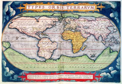 Maailman kartta: "Typus Orbis Terrarum", Orteliuksen "Americasive New World"sta tekijältä Abraham Ortelius