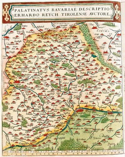 Baijerin Pfalzin maantieteellinen kartta Bavieren alueesta Saksassa Abraham Orteliuksen (Oertel, Ortell tai Ortel) "Theatrum of the World" -julkaisusta tekijältä Abraham Ortelius