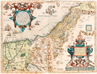 Palestiinan alueen maantieteellinen kartta Abraham Orteliuksen "Theatrum Orbis Terrarumista" (Oertel, Ortell tai Ortel tekijältä Abraham Ortelius