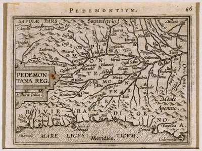 Piemonten ja Länsi-Ligurian alueet. Abraham Orteliuksen Theatrum Orbis Terrarumista tekijältä Abraham Ortelius