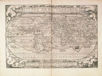 Planisfääri Abraham Orteliuksen Theatrum Orbis Terrarumista, painettu Antwerpenissä tekijältä Abraham Ortelius