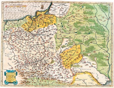 Kuvaus Puolasta ja sen lähialueista. Puolan maantieteellinen kartta "Theatrum Orbis Terrarumista", kirjoittanut Abraham Ortelius (Oertel, Ortell tai Ortel tekijältä Abraham Ortelius