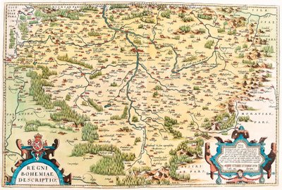 Böömin kuningaskunnan kuvaus Böömin alueen maantieteellisestä kartasta Abraham Orteliuksen (Oertel, Ortell tai Ortel) "Theatrum Orbis Terrarumista" tekijältä Abraham Ortelius
