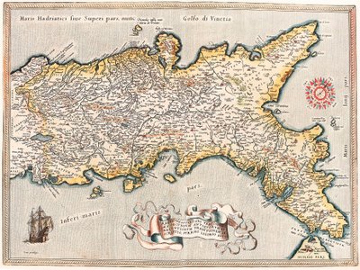 Pyrrhus Ligorius Auctin tarkin kuvaus napolilaisten hallituskaudesta muinaisten ja nykyajan perinteen mukaan. Maantieteellinen kartta Napolin kuningaskunnan alueesta Italiassa Abraham Orteliuksen (Oertel, Ortell tai Ortel) "Theatrum Orbis Terrarumista" tekijältä Abraham Ortelius