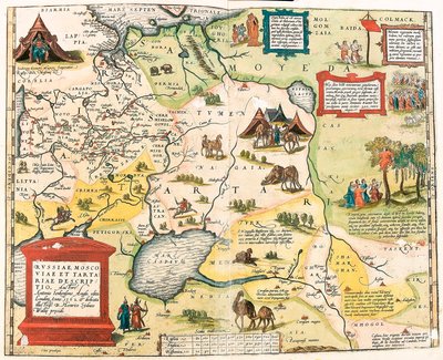 Kuvaus Venäjästä, Muskovista ja Tartaarista. Kirjailija Antonio Ienkenson Anglo, julkaistu Lontoossa vuonna 1562 Venäjän alueen maantieteellinen kartta Abraham Orteliuksen (Oertel, Ortell tai Ortel) "Theatrum Orbis Terrarumista" tekijältä Abraham Ortelius