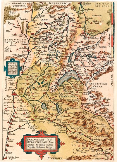 Sabaudia et Burgundiae Comitus kuvaus Burgundin ja Savoyn alueen kartta (Pontarlier, Dijon, Leman-järvi, Sveitsi) Abraham Orteliuksen (Oertel, Ortell tai Ortel) "Theatrum Orbis Terrarumista". tekijältä Abraham Ortelius