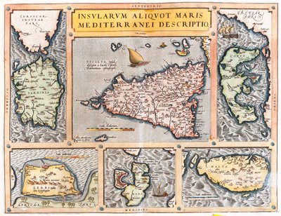 Sardinia, Sisilia, Korfu, Djerba, Elba, Malta, Italia, Kreikka, Tunisia, Malta. tekijältä Abraham Ortelius