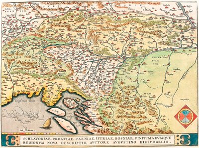 Uusi kuvaus Slavoniasta, Kroatiasta, Carniasta, Istriasta, Bosniasta ja naapurialueista, kirjoittanut Augustino Hirsuogelius. Maantieteellinen kartta Slavoniasta, Kroatiasta, Bosniasta ja Dalmatiasta Abraham Orteliuksen (Oertel, Theatrum Orbis Terrarum) te tekijältä Abraham Ortelius