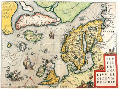 Kuvaus. Skandinavian ja Pohjois-Euroopan maantieteellinen kartta Abraham Orteliuksen (Oertel, Ortell tai Ortel) Theatrum Orbis Terrarumilta tekijältä Abraham Ortelius