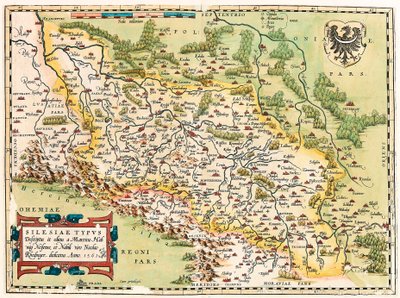 Silesia Typus Descriptio ja Descriptus ja julkaisija Martino Heilwid Neilsense, ja omistettu aatelismiehelle Nicolao Rhedingerille Anno 1561. Maantieteellinen kartta Frankfurtin eteläpuolisesta alueesta Saksassa Puolan lähellä Abraham Orteliuksen "Theatrum tekijältä Abraham Ortelius