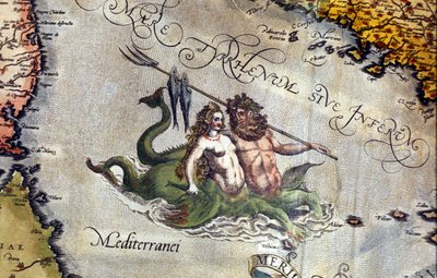 Triton ja Sirene Välimerellä. Abraham Orteliuksen "Theatrum Orbis Terrarum", Antwerpen 1584. tekijältä Abraham Ortelius