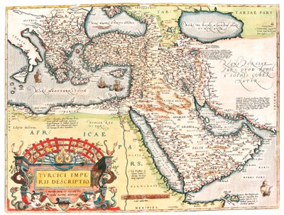 Kuvaus Turkin valtakunnan maantieteellisestä kartasta Ottomaanien valtakunnan alueesta, joka on otettu Abraham Orteliuksen (Oertel, Ortell tai Ortel) "Theatrum of the World" -julkaisusta tekijältä Abraham Ortelius