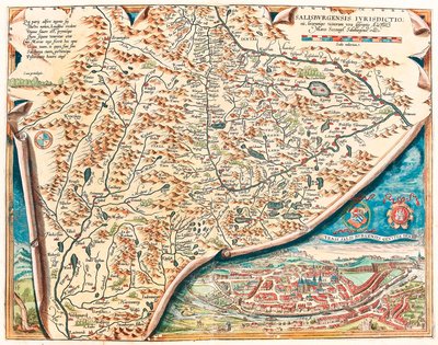 Aito kuvaus Salzburgin kaupungista Itävallan Salsburgin alueen maantieteellinen kartta Abraham Orteliuksen (Oertel, Ortell tai Ortel) "Theatrum Orbis Terrarumista" tekijältä Abraham Ortelius