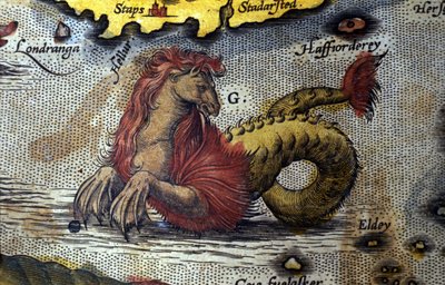 merihirviön esitys hevoseni merikäärmeeni. Levy kartanografi Abraham Orteliuksen (1527-1598) "Theatrum Orbis Terrarum" -painoksesta tekijältä Abraham Ortelius
