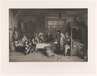 Raitis sisustus miesten kanssa, jotka takavarikoivat perheen omaisuutta Ulosotto vuokralle (nimike esineessä) tekijältä Abraham Raimbach