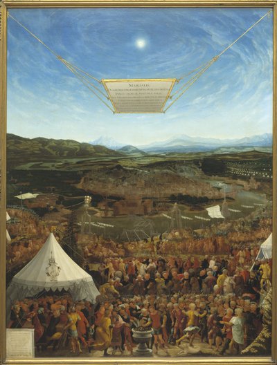 Caius Mucius Scaevola (524-480 avant JC) Devant Porsena, roi de Clusium - Mucius Scaevola ennen Porsennaa, kirjoittanut Schopfer, Abraham (aktiivinen 1500-luvun puoliväli). Öljy puulle tekijältä Abraham Schöpfer