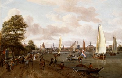 Panoraamanäkymä Amsterdamiin proomulla ja pienaluksilla Buiten-Amstelilla, tekijältä Abraham Storck