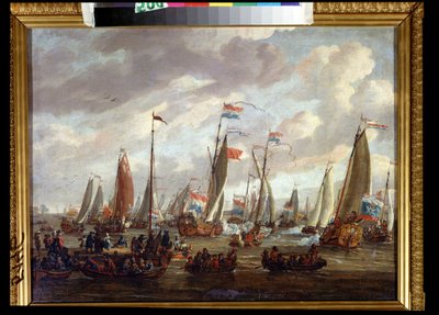 Tsaari Pietari I vierailee Englannissa tammikuussa 1698 (tsaari Pietari I vierailee Englannissa tammikuussa 1698). Venäjän Pietari I, Piotr Aleksejevitš Romanov tai Pietari Suuri (1672-1725). Abraham Storckin (1635-1710) maalaus. Öljy kankaalle, 48 x 64 cm tekijältä Abraham Storck