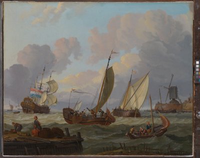 Laivat tuulimyllyn ohi, noin 1690 (öljy kankaalle). tekijältä Abraham Storck