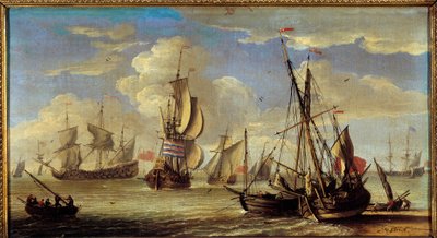 Laivoja ja veneitä merellä Abraham Storckin (1635-1710) maalaus (ec.holl.) 1600-luvun su. 0,22x0,41m. . tekijältä Abraham Storck
