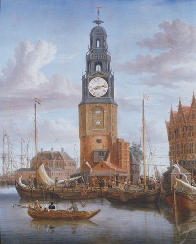 Näkymä Haringspacker Tower Amsterdamissa, jossa työ kellotaulu asettaa maalauksen, 1684 (paneeli) tekijältä Abraham Storck