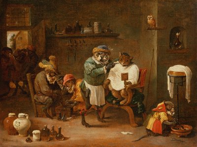 Monkeysin ylläpitämä kissa parturissa (öljy kankaalle) tekijältä Abraham Teniers