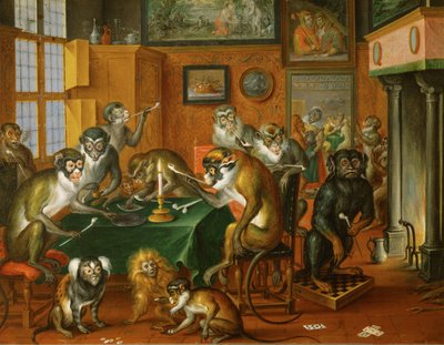 Tabakskollegium von Affen -Smoking party of monkeys ... (öljy kuparille) tekijältä Abraham Teniers