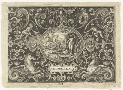 Cartouche: Perseus vapauttaa Andromedan Soikeat cartussit, joissa kohtauksia Perseuksen elämästä groteskien kehyksessä (sarjan nimi) Andromeda (otsikko esineessä) tekijältä Abraham de Bruyn