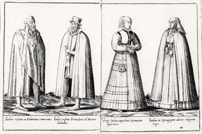 1500-luvun juutalaisia vaatteita "Omnium Poene Gentium Imaginesista", julkaistu Kölnissä tekijältä Abraham de Bruyn