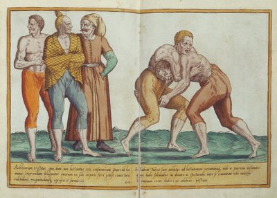 Turkkilaisten paini, 1500-luvun puvut Omnium Poene Gentium Imaginesista, julkaistu Kölnissä, 1577 (käsinvärinen kaiverrus) tekijältä Abraham de Bruyn