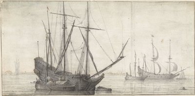 Purjelaivoja seisovassa vedessä lähellä rannikkoa tekijältä Abraham de Verwer (possibly)