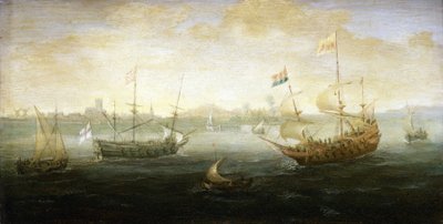 Hollantilainen ja brittiläinen Stuartin lipun alla purjehtiva vene purjehtimassa sataman edustalla, horisontissa näkyvissä, erilaisten pienveneiden ympäröimänä. tekijältä Abraham de Verwer