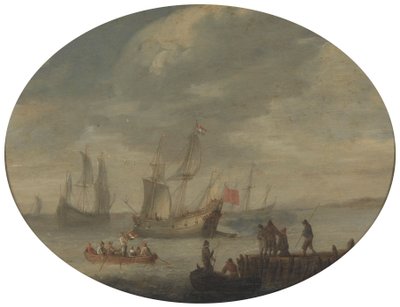 Aseistetut kauppiaat Hollannin rannikolla valmistautuvat lähtöön tekijältä Abraham de Verwer