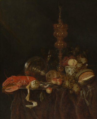 Asetelma hummerilla ja hedelmillä, luultavasti 1650-luvun alussa. tekijältä Abraham van Beyeren