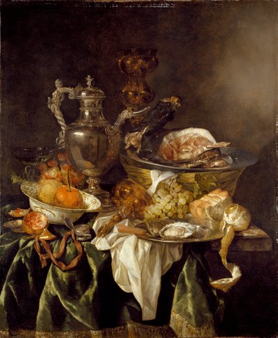 Asetelma hopeaviinipurkilla ja taiteilijan heijastunut muotokuva, c1657 tekijältä Abraham van Beyeren