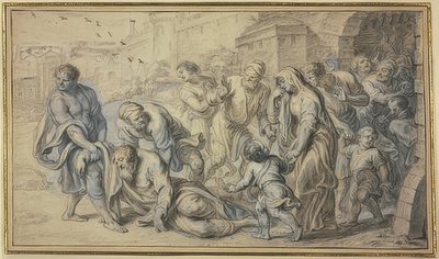 Asukkaat nostavat vanhan miehen maasta kaupungin muurien edessä tekijältä Abraham van Diepenbeeck