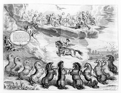 Newcastlen markiisi ratsastaa Pegasoksella kreikkalaisten jumalien kokouksen edessä ja vastaanottaa maallisten hevosten tervehdyksen, kuva Newcastlen markiisin julkaisemasta ratsastusoppaasta. tekijältä Abraham van Diepenbeeck