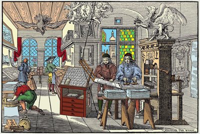 Nürnbergin painotehtaan sisustus Saksassa: työläiset töissä, 1600-luvun alku - grav. Kirjailija: Abraham van Werdt tekijältä Abraham van Werdt