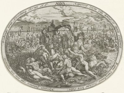 Neptunus nereidien ja tritonien kanssa: Veden elementti Aqua (otsikko esineessä) The Four Elements (sarjan nimi) tekijältä Abraham van den Hecken