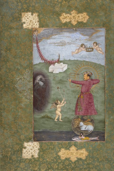 Keisari Jahangir voitti köyhyyden, n. 1620-25 (läpinäkymätön akvarelli, kulta ja muste paperille) tekijältä Abul Hasan