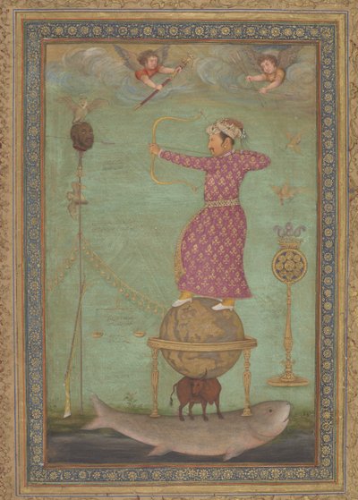 Jahangir ampuu Malik Ambarin päätä, 1600-luvun alussa (peittävä akvarelli, muste ja kulta paperille). tekijältä Abu