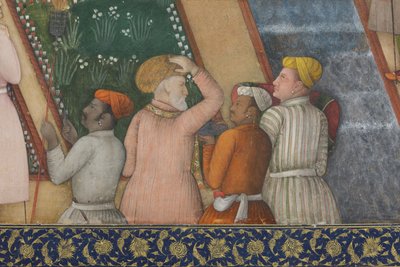 Yksityiskohta keisari Jahangirista pyhien miesten kanssa puutarhassa, n. 1615 (läpinäkymätön wc ja kultaa paperilla) tekijältä Abul Hassan Ghaffari